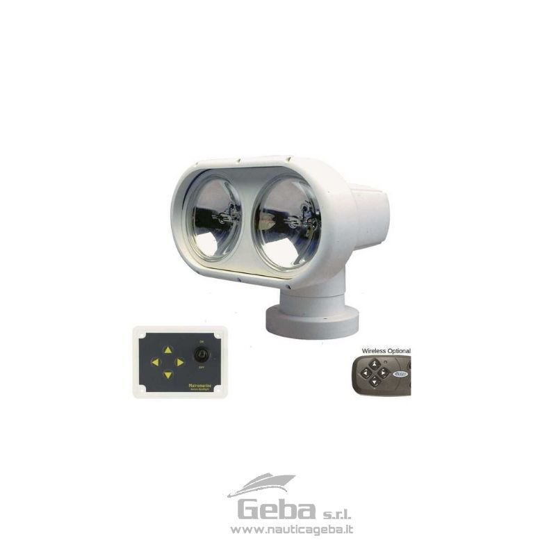 Faro doppio orientabile con pannello di controllo cablato impermeabile. Corpo stagno con 2 bulbi alogeni stagni da 55W. 2 fasci di luce: 1°) diffuso 2°) profondo.
Dimensioni: L220 x Largh.257 x H210 mm.
Comando wireless opzionale con ricevitore e trasmettitore plug and play fino a 35 m. Se installato, sostituisce il pannello controllo cablato. Per mantenere entrambi, è necessario acquistare il pannello doppia stazione. FARO EL-MARINE DOUBLE EYE barca