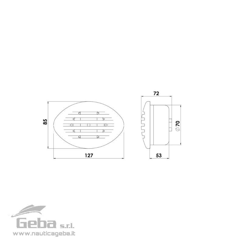 Carcassa in ABS.
Montaggio dall'esterno. Tromba elettrica 12V da incasso a scomparsa dimensioni