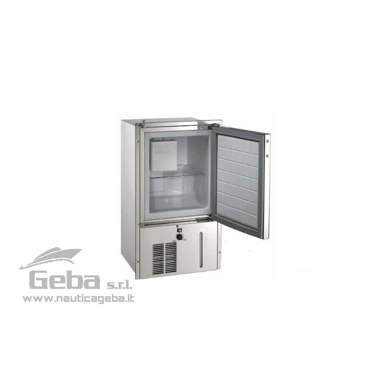 Fabbricatore di ghiaccio meccanico con cassa esterna in Acciaio Inox. Disponibile in versione Refill con serbatoio d'acqua interno che consente l'utilizzo di acque minerali per la produzione dei cubetti, oppure in versione Hydro che può essere allacciata al sistema idrico dell'imbarcazione. Alimentazione 220V/140W, produzione ghiaccio 10 Kg/24h. Fabbricatore di ghiaccio barca