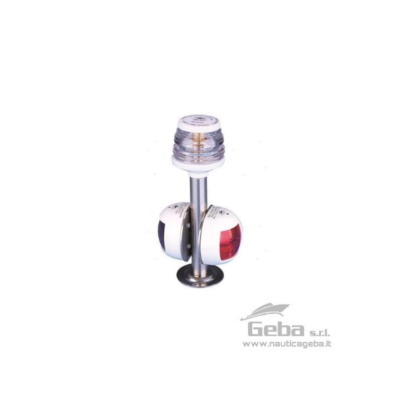 Fanale su asta in Acciaio Inox con base piana. H 30 cm. 3 fanali per 3 colori: Rosso/Verde 225°- Bianco 360°. Per imbarcazioni fino a 12 metri.