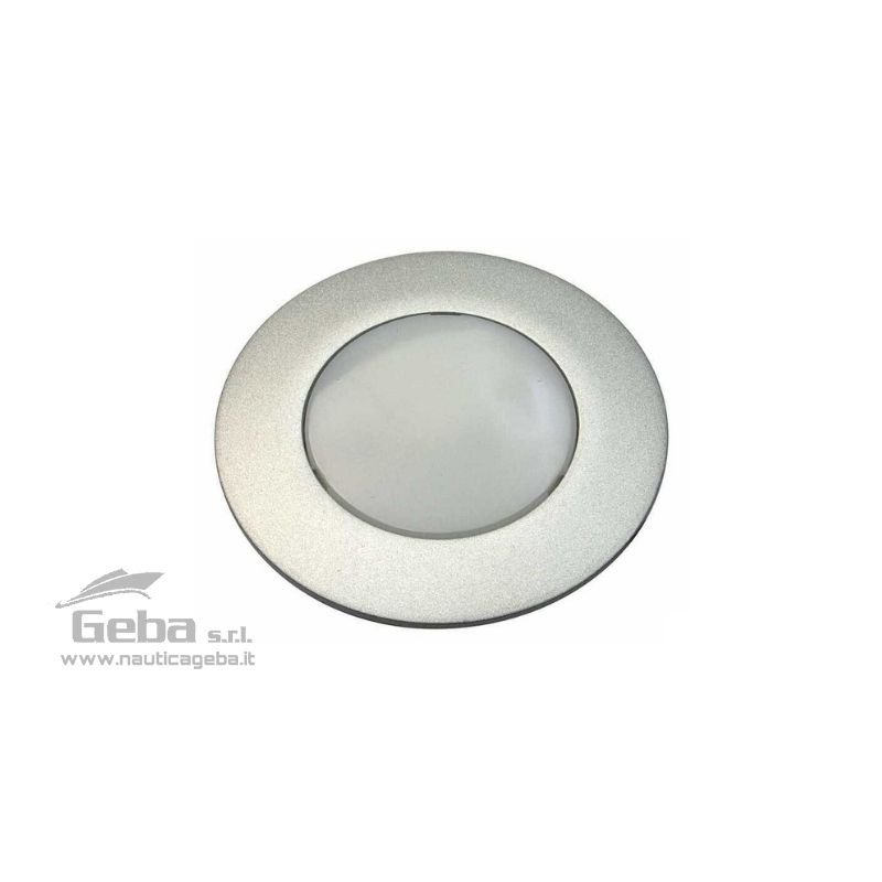 Faretto LED 12V a incasso con base e cornice in Alluminio satinato. Molto sottile con incasso di soli 10 mm. Consumo ridotto 3,4W e massima durata. Luce bianca calda 3000 K°.