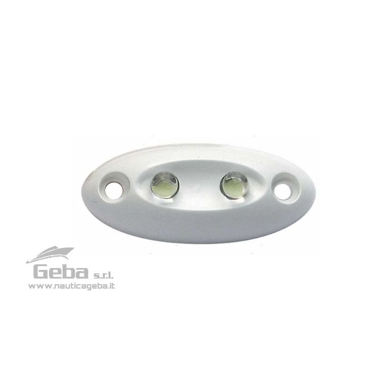 Luci di cortesia in Plastica Bianca con 2 LED indirizzati in basso (la prima) e in orizzontale (la seconda). Luce intensa, minimi consumi e massima durata. LUCI DI CORTESIA LED-12V MIGNON