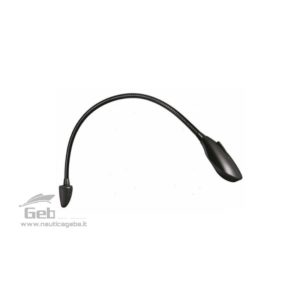 Luce da carteggio LED bicolore commutabile luce Bianca o luce Rossa. Consumo minimo 1,5 W. Corpo e frusta in Alluminio satinato Nero.