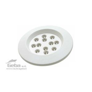 Plafoniera compatta LED 12V a incasso in Plastica Bianca. Montaggio anche a superficie con anello H20 mm in dotazione. Consumo ridotto 0,9W e massima durata. Luce bianca calda 3000 K°.