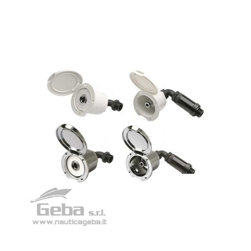 Box con attacco rapido acqua ad incasso in plastica antiurto bianca oppure cromata.
Box entrata acqua: con innesto rapido e riduttore di pressione 3 Bar filettato 3/4" per non danneggiare le tubazioni quando si collega il circuito d'acqua di bordo alla rete della banchina.
Box uscita acqua: con innesto rapido tipo giardinaggio per lavaggio ponte e raccordo a gomito da 3/4" da collegare al circuito d'acqua di bordo. Contenitore box per attacco rapido acqua