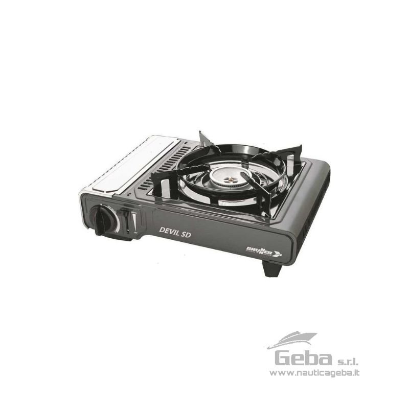 Fornello portatile Brunner a gas alimentato con bomboletta intercambiabile tipo Camping Gaz. Vano gas in Acciaio Inox e bruciatore in Alluminio con fiamma regolabile. Completo con accensione piezoelettrica, termosicurezza e pratica valigetta per il trasporto. Fornello portatile Brunner a gas BARCA