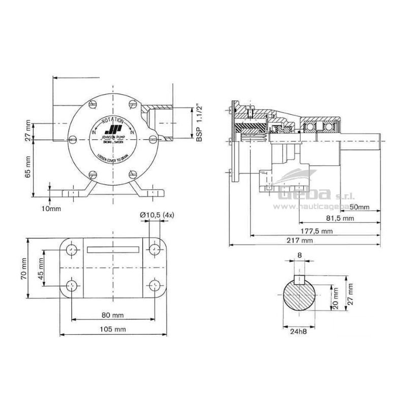 scheda tecnica montaggio pompa flangiata Johnson F8B-8 per il raffreddamento motori marini di barche scheda tecnica montaggio pompa flangiata Johnson F8B-8 raffreddamento motori marini
