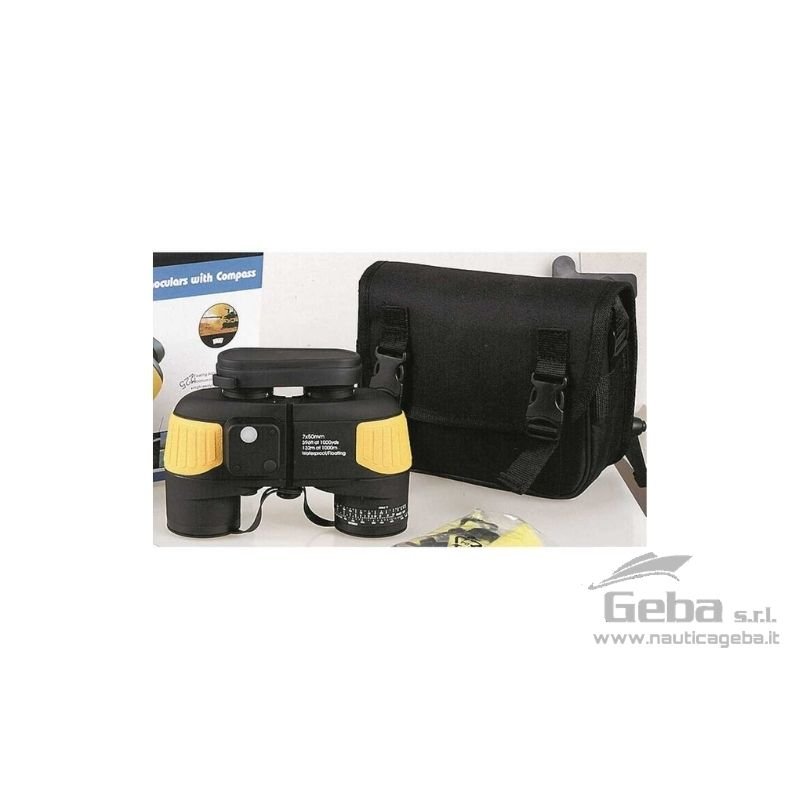 Binocolo galleggiante impermeabile (tenuta stagna al Nitrogeno) ideale per la nautica da diporto e professionale. Eccezionale luminosità per un immagine nitida di alta risoluzione, reticolo per valutare la distanza e bussola incorporata. Completo di custodia. BINOCOLO ADMIRAL (7X50)
