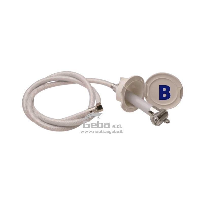 Kit doccetta barca completo di contenitore Box tondo, doccetta e tubo a scelta..
Kit Doccetta Barca
Scegli il kit adatto alle tue esigenze nautiche.
Il box doccia con montaggio a incasso è costruito in Plastica, fabbricato con materiale antiurto e resistente UV.
Montaggio universale verticale e orizzontale. Foro incasso ø 70 mm – Esterno ø 98 mm – Profondità 71 mm.
Il kit comprende:
1 Box doccetta Uni-R
1 Doccetta modello Switch Standard (A) o Knob Compact (B)
1 Tubo doccia da 2.5 m o da 4.0 m Kit Doccetta Barca modello Uni-R completo di doccetta e tubo 2.5