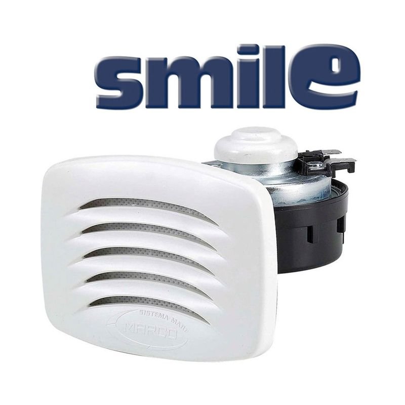 Tromba elettromagnetica ad incasso per piccole imbarcazioni, gommoni, barche a vela. Sistema ad incasso con posizionamento frontale rapido. Corpo in ASA bianco resistente agli UV. Mascherina in ASA bianco con incastro a bottone. Membrana di protezione traspirante. Tromba con suono potente e timbrica marina. SMILE-Tromba-incasso-con-griglia-bianca