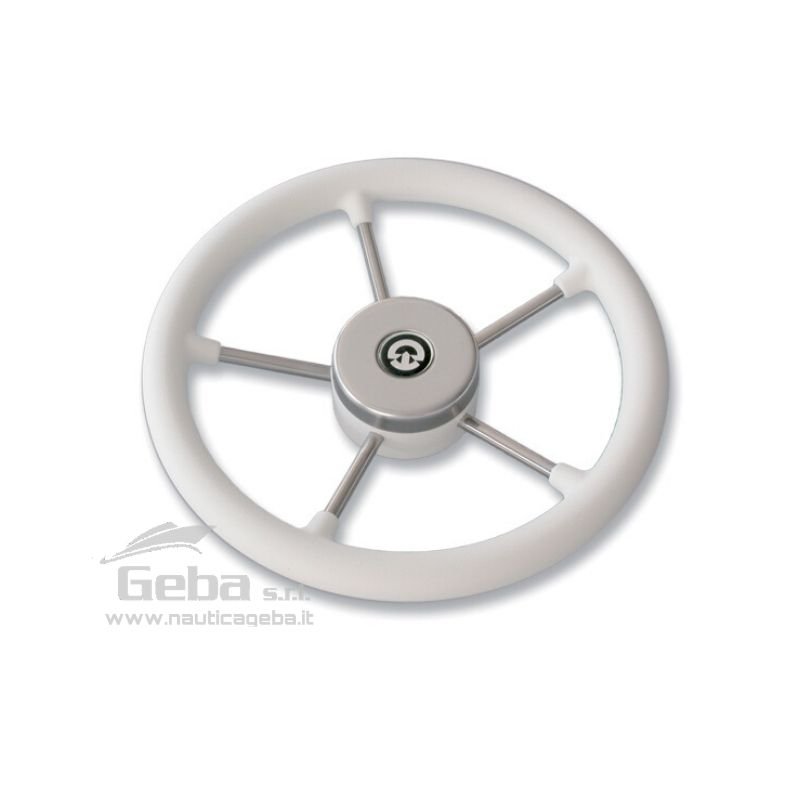 Volante timone per barca a 5 razze simil pelle e acciaio inox modello Riviera VR01 per uso nautico. Diverse misure disponibili per acquisto online. Volante timone barca 5 razze simil pelle e inox modello Riviera VR01 nautica