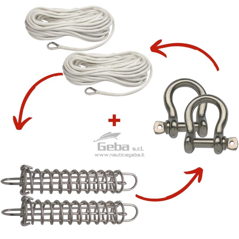 Kit ormeggio barca per imbarcazione fino a 12 metri disponibile nel nostro negozio online di accessori nautici.
Kit ormeggio barca per imbarcazione fino a 12 metri
Il Kit è composto da:
2 pz di molle da ormeggio in Acciaio Inox ( GE 3136043 )
2 pz cime da ormeggio con redancia in Acciaio Inox impiombata disponibile nelle colorazioni Bianco, Nero o Blu
2 Grilli in Acciaio Inox ø 16 ( GE 0120516)
I nostri ammortizzatori da ormeggio a molla sono costruiti in Acciaio Inox, sono adatte ad imbarcazioni fino a 12 metri hanno un ø mm 80 e una L mm di 470.
Le nostre treccia da ormeggio, invece, sono dotate di redancia in Acciaio Inox impiombata.
Hanno una lavorazione in doppia treccia di Poliestere alta tenacità e non galleggiano. Kit ormeggio barca per imbarcazione nautiche fino a 12 metri con treccia bianca