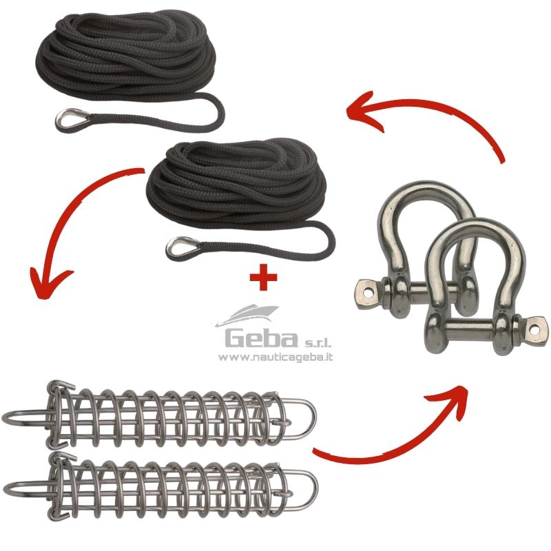 Kit ormeggio barca per imbarcazione fino a 12 metri disponibile nel nostro negozio online di accessori nautici.
Kit ormeggio barca per imbarcazione fino a 12 metri
Il Kit è composto da:
2 pz di molle da ormeggio in Acciaio Inox ( GE 3136043 )
2 pz cime da ormeggio con redancia in Acciaio Inox impiombata disponibile nelle colorazioni Bianco, Nero o Blu
2 Grilli in Acciaio Inox ø 16 ( GE 0120516)
I nostri ammortizzatori da ormeggio a molla sono costruiti in Acciaio Inox, sono adatte ad imbarcazioni fino a 12 metri hanno un ø mm 80 e una L mm di 470.
Le nostre treccia da ormeggio, invece, sono dotate di redancia in Acciaio Inox impiombata.
Hanno una lavorazione in doppia treccia di Poliestere alta tenacità e non galleggiano. Kit ormeggio barca per imbarcazione nautiche fino a 12 metri con treccia blu