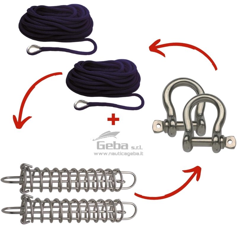 Kit ormeggio barca per imbarcazione fino a 8 metri disponibile nel nostro negozio online di accessori nautici.
Kit ormeggio barca per imbarcazione fino a 8 metri
Il Kit è composto da:
2 pz di molle da ormeggio in Acciaio Inox ( GE 3136032 )
2 pz cime da ormeggio con redancia in Acciaio Inox impiombata disponibile nelle colorazioni Bianco, Nero o Blu
2 Grilli in Acciaio Inox ø 12 ( GE 0120512 )
I nostri ammortizzatori da ormeggio a molla sono costruiti in Acciaio Inox, sono adatte ad imbarcazioni fino a 8 metri hanno un ø mm 62 e una L mm di 320.
Le nostre treccia da ormeggio, invece, sono dotate di redancia in Acciaio Inox impiombata.
Hanno una lavorazione in doppia treccia di Poliestere alta tenacità e non galleggiano