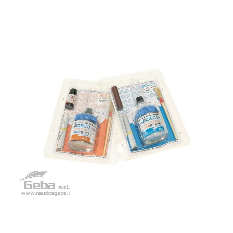 Kit riparazione con adesivo, catalizzatore, pezze di tessuto e pennello per gommoni in tessuto spalmato Neoprene o in PVC. Kit riparazione per gommone pvc o neoprene barca