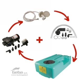 Kit serbatoio acqua nautica completo di raccordi, pompa autoclave da 12.5 Ltmin 12V e box doccia con doccetta e tubo da 4 mt disponbile nel nostro negozio online di accessori nautici.