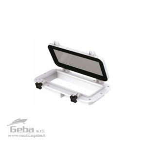 Oblò rettangolare per barche in ABS stabilizzato resistente raggi UV con vetro temperato da 4 mm.