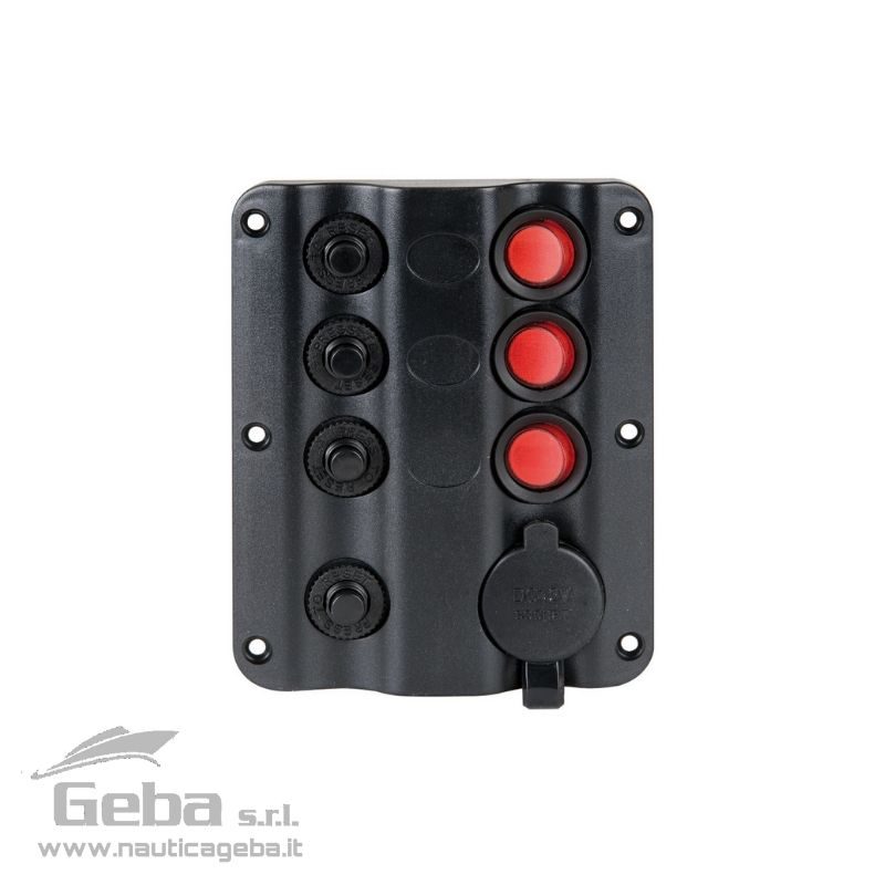 Fabbricati in plastica nera, sono completi di interruttori a bascula e fusibili automatici termici riarmabili. Completi di adesivi per identificare le varie utenze. Pannelli elettrici quadri per barca Wave Design con interruttori a bascula con LED 3