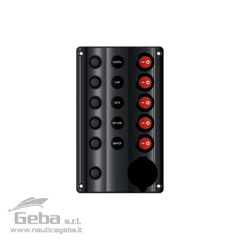 Fabbricati in plastica nera, sono completi di interruttori a bascula e fusibili automatici termici riarmabili. Completi di adesivi per identificare le varie utenze. Pannelli elettrici quadri per barca Wave Design con interruttori a bascula con LED 3+1