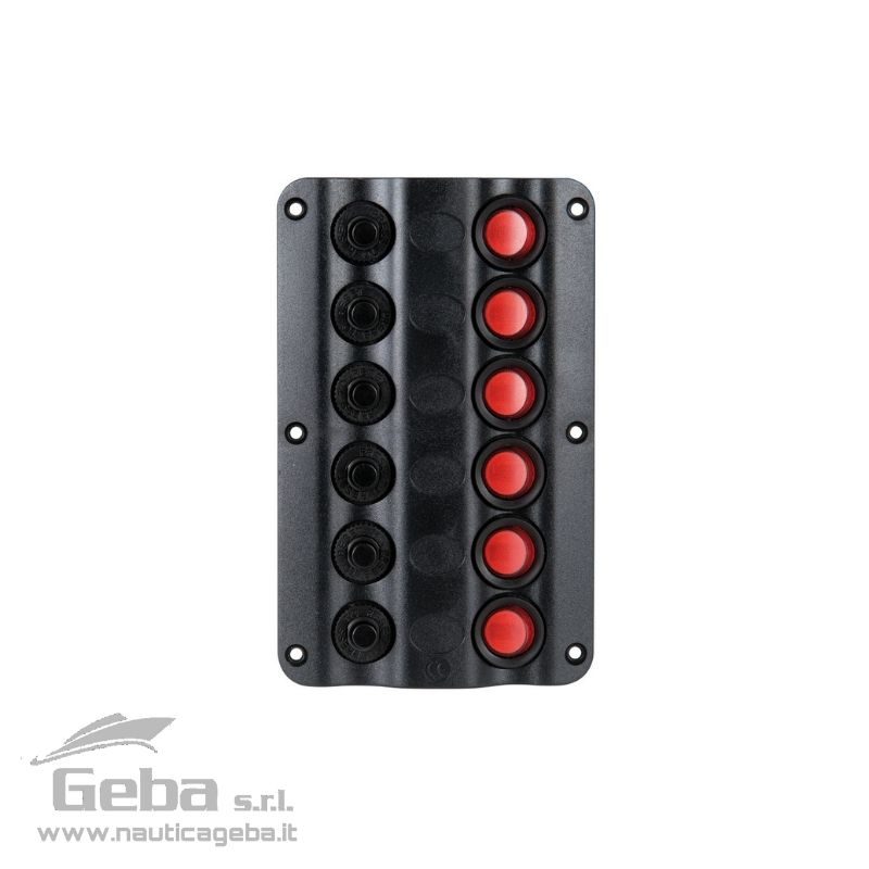 Fabbricati in plastica nera, sono completi di interruttori a bascula e fusibili automatici termici riarmabili. Completi di adesivi per identificare le varie utenze. Pannelli elettrici quadri per barca Wave Design con interruttori a bascula con LED 4 + 1