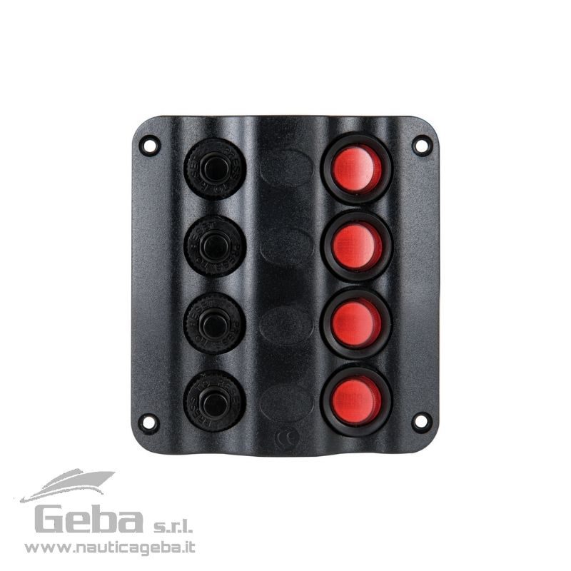 Fabbricati in plastica nera, sono completi di interruttori a bascula e fusibili automatici termici riarmabili. Completi di adesivi per identificare le varie utenze. Pannelli elettrici quadri per barca Wave Design con interruttori a bascula con LED NAUTICA
