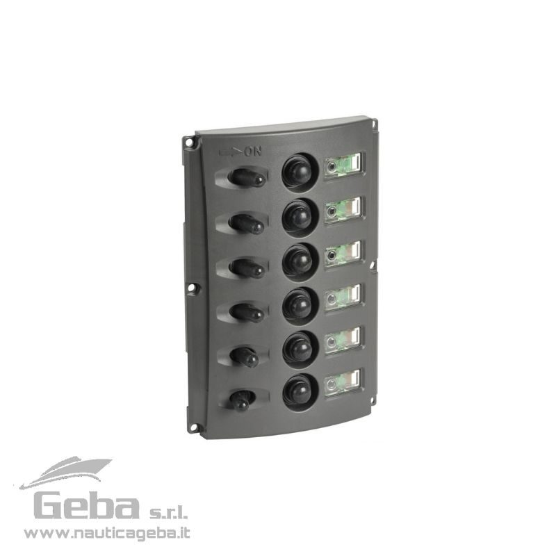 Carcassa in policarbonato grigio scuro. LED permanente verde che illumina le etichette con le funzioni. LED rosso che si attiva su "ON". Viti di fissaggio invisibili. Primo interruttore ON-OFF-ON con 2 circuiti separati e on-off con ritorno per i modelli 14.850.05/06. Pannelli elettrici quadri per barca con fusibili automatici e doppio LED 3