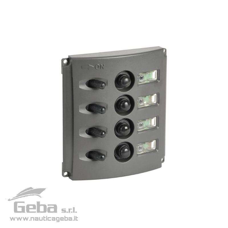 Carcassa in policarbonato grigio scuro. LED permanente verde che illumina le etichette con le funzioni. LED rosso che si attiva su "ON". Viti di fissaggio invisibili. Primo interruttore ON-OFF-ON con 2 circuiti separati e on-off con ritorno per i modelli 14.850.05/06. Pannelli elettrici quadri per barca con fusibili automatici e doppio LED 6