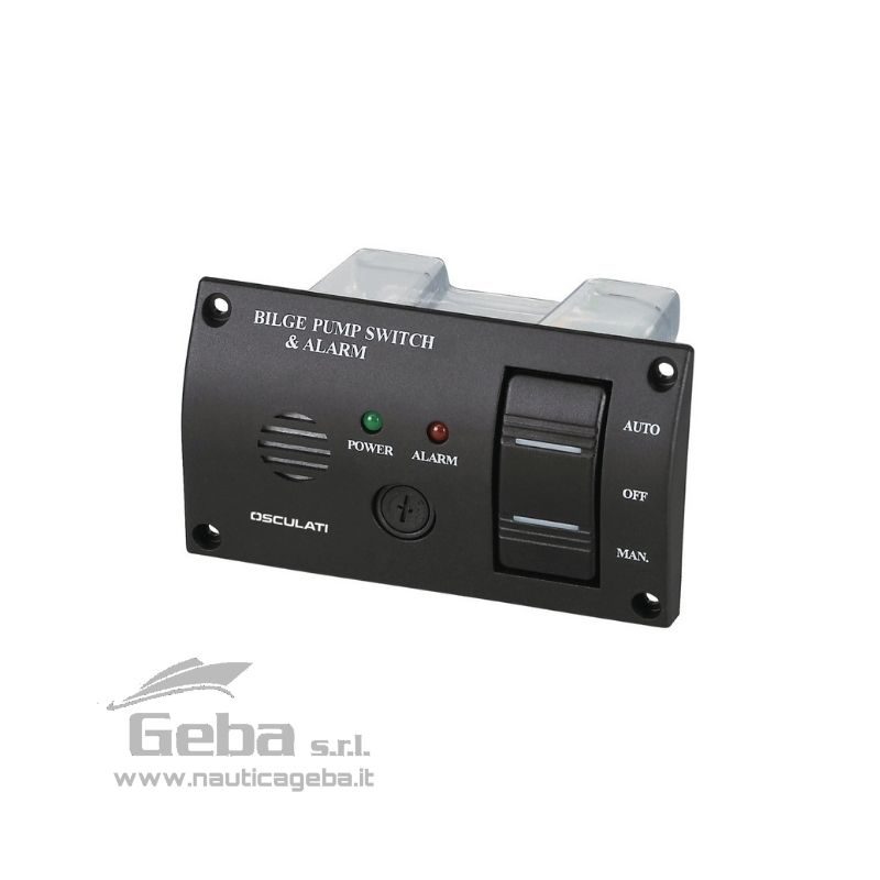 IP43. Modello con copertura posteriore. Completo di:- interruttore ON-OFF-M.ON per azionare la pompa in automatico oppure in manuale, con LED di controllo;- allarme luminoso e sonoro per segnalazione acqua in sentina;- fusibile. Pannello di controllo per pompe di sentina barca con allarme sonoro