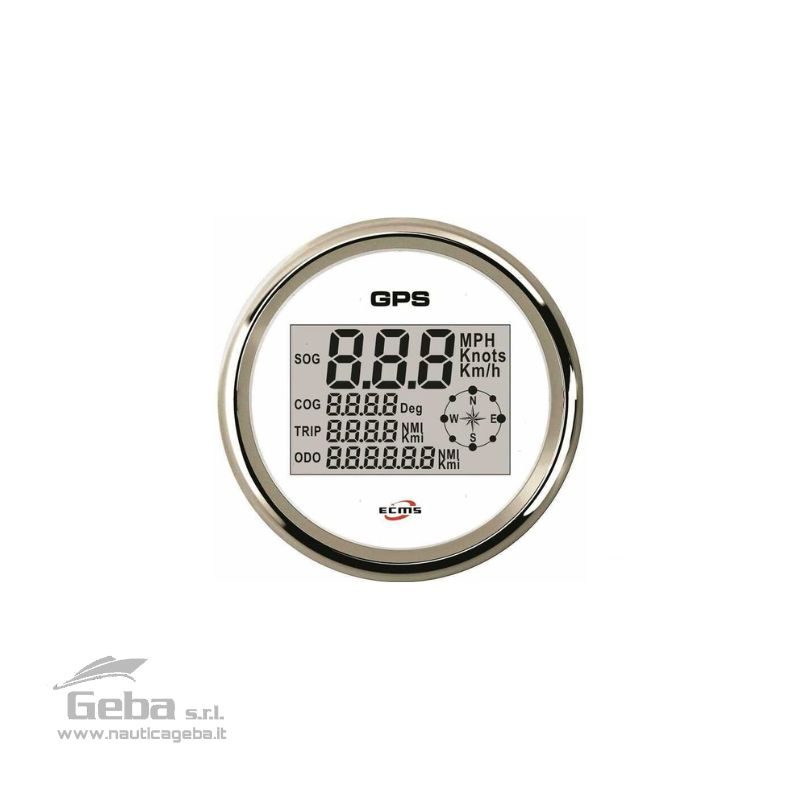 Contanodi digitale GPS Ecms White Chrome 12/24V completo di sensore GPS, cavetti e attacco Molex. Cornice in Acciaio Inossidabile 316 con finitura cromata.
Frontalino impermeabile IP67 con lente bombata anti-appannamento.
Calcola la distanza percorsa dall'imbarcazione e permette di gestire le distanze delle singole tratte misurando la velocità in Nodi, MPH oppure Km/h.
Quadrante con retroilluminazione personalizzabile multicolore LED. Conta nodi da barca digitale GPS Ecms White Chrome 1224V