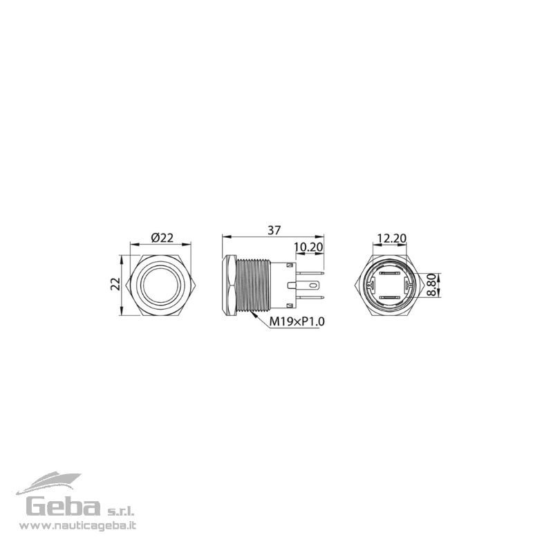 Carcassa in acciaio inox AISI 316 realizzata con CNC. Portata 20 A a 12 V. Impermeabile IP67 (immersione temporanea). Corona luminosa a LED. Durata 20.000 cicli. Cavi collegati schema "A" : corona led sempre accesa. Cavi collegati schema "B" : corona led accesa solo in "ON". Interruttore FLAT in acciaio inox 12V IP67