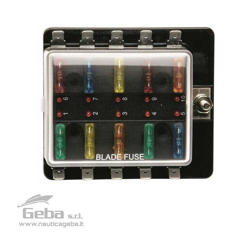 Portafusibile lamellare universale per fusibili lamellari 10 posti con spia allarme LED. Portafusibile lamellare 10 posti con spia allarme LED.