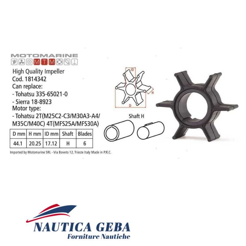 Giranti non originali per motori fuoribordo Tohats. Misure. Pompe acqua fuoribordo per motori Tohatsu 2-4 tempi da 25 a 40 cv. Misure.