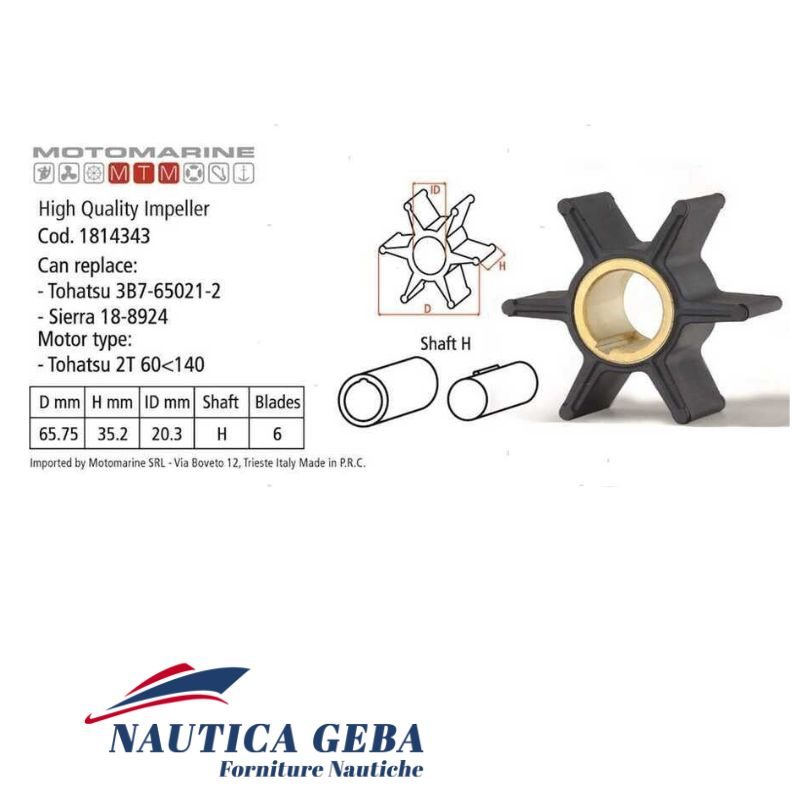 Giranti non originali per motori fuoribordo Tohatsu. Misure. Girante motore nautico Tohatsu 2 tempi da 60 a 140 cv. Misure.