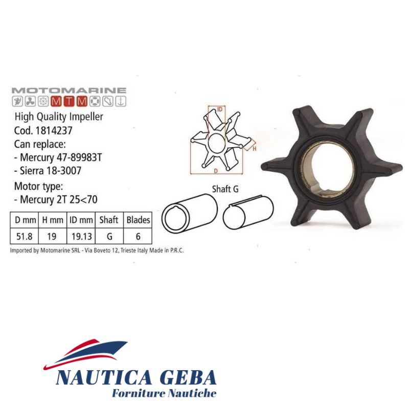 Giranti di concorrenza per motori fuoribordo Mercury. Misure. Giranti per motori Mercury 2T da 25 a 70 Hp. Misure.