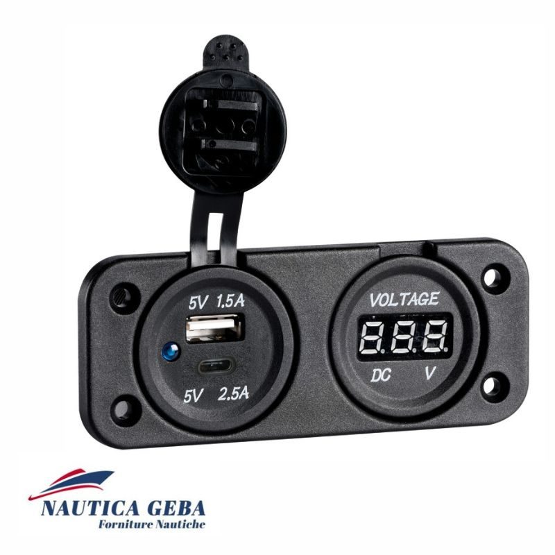 Voltmetro digitale e presa USB doppia A+C per imbarcazioni nautiche in vendita nel nostro negozio online di accessori per barca.