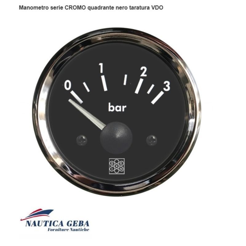 • Progettato per l'uso a 12V, garantendo precisione e robustezza. Manometro 0-3 Bar serie CROMO quadrante nero taratura VDO codice quadrante Nero traslucido indice Bianco